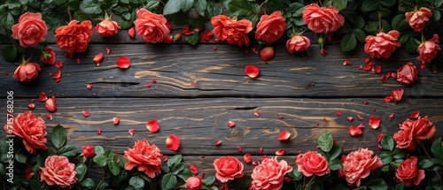  a bunch of red flowers that are on a wooden surface with leaves and petals on the side of the frame and on the top of the other side of the frame is a wooden plank.