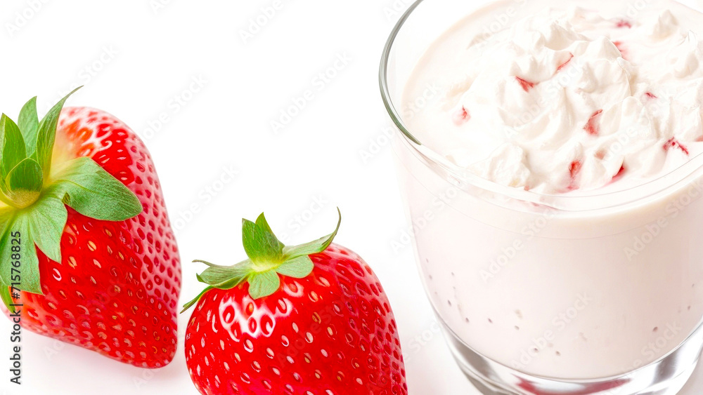 Tasty creamy Yogurt with Strawberries, isolated on white, with copy space. Perfect for healthy breakfast or snack option Tasty creamy Yogurt with Strawberries, isolated on white, with copy space. Perfect for healthy breakfast or snack option