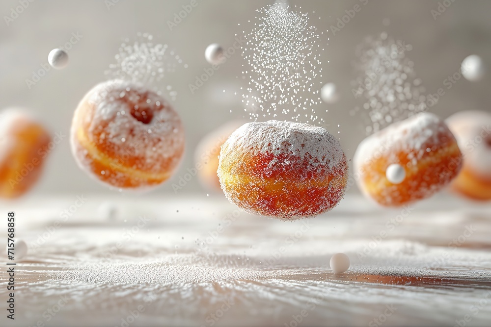 Portrait of powder sugar donuts falling from above in a clean surface with empty space, Generative AI. - obrazy, fototapety, plakaty 