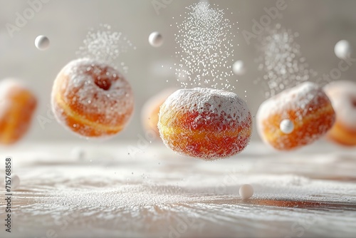 Portrait of powder sugar donuts falling from above in a clean surface with empty space, Generative AI. photo