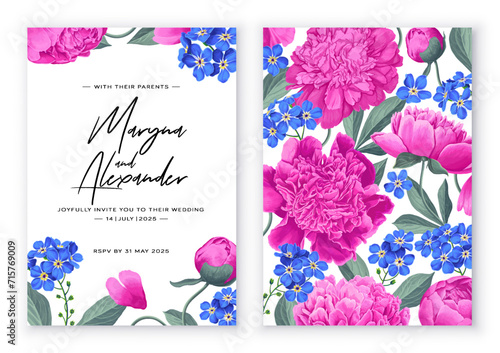 Templates for wedding invitations, rsvp, save the date, as well as advertising, social media posts, and product design. Botanical floral design with pink peonies and blue forget-me-nots
