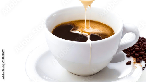 Cup of Coffee isolated on white background, with Copy Space. Pouring milk into a coffee drink. Hot coffee drink with coffee beans