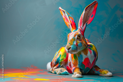 trendsetting color hare an colorful backdrop. A hare with long ears in multi-colored paint sits against the background of a blue wall. photo
