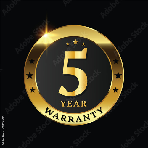 5 year warranty logo with golden shield and golden ribbon.Vector illustration.