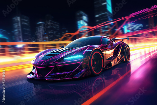 3d illustration of Futuristic Sports Car On Neon Highway. Powerful acceleration of a supercar on a night track with colorful lights and trails. © ImagineDesign