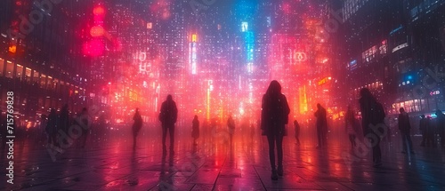 People in the city interact with digital screens in an overlay view. People looking at holographic digital display future technology and living in a big city ,generative ai © JKLoma