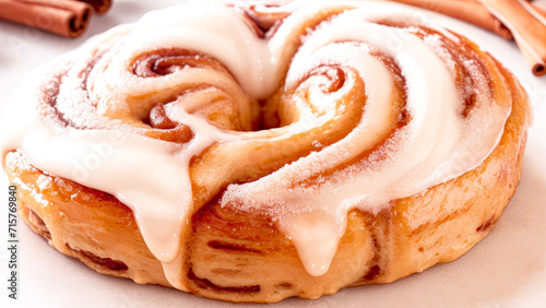 Close-up of a Cinnamon bun with glaze. Delicious fresh pastries on the table, baking texture
