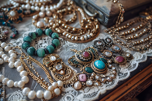 A captivating close-up photograph showcasing an assortment of vintage jewelry items laid out on an antique lace cloth at a flea market.
