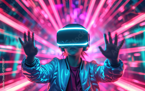 Teenager enjoys VR sports game in futuristic metaverse.