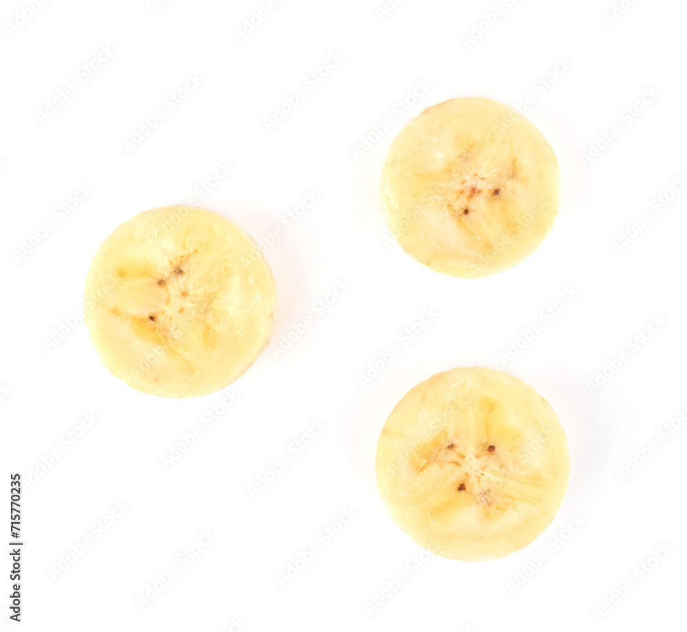 Round Banana slices isolated. Banana cut off.Bananas on white background. Round Banana slices isolated. Banana cut off.Bananas on white background.