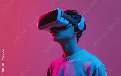 Young man embraces VR headset for futuristic experience.