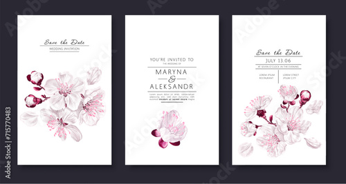 Spring, vector set of Save The Date cards, poster, template for banner ads, place for text, social media posts. Greeting card or invitation design with flowers cherry blossoms, blossoming fruit trees