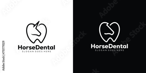 Creative Horse Dental Logo. Horse Head, Unicorn and Tooth with Linear Outline Style. Orthodontics Dentist Logo Icon Symbol Vector Design Template.