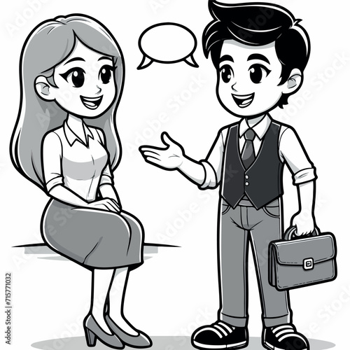 A cartoon depiction of a man and woman dressed in business attire, engaged in a conversation related to their professional endeavors.