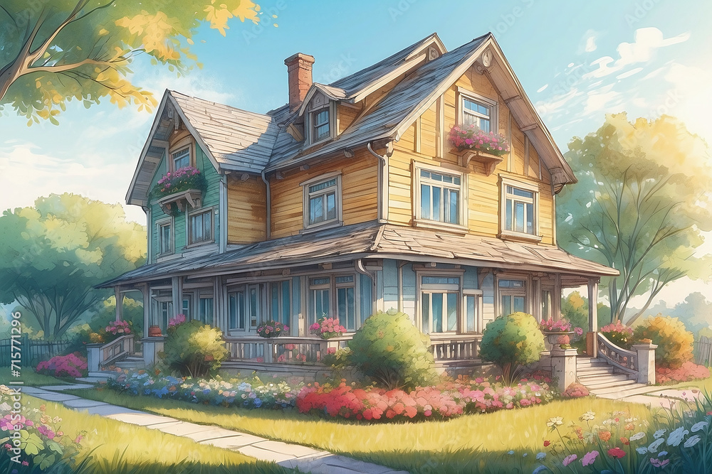 house and garden watercolor concept