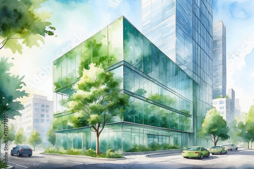 green eco building concept in the city watercolor