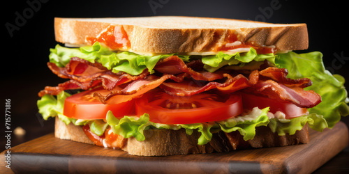 Fresh Deli BLT Sandwich on a White Plate with Crispy Bacon, Lettuce, and Tomato - A Savory Fast Food Meal on a Rustic Wooden Table