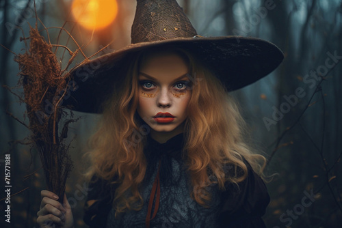 Portrait of a young witch woman in a hat.
