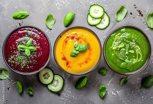 freshly prepared vegetable soups served in bowls, ideal for healthy eating concept photo