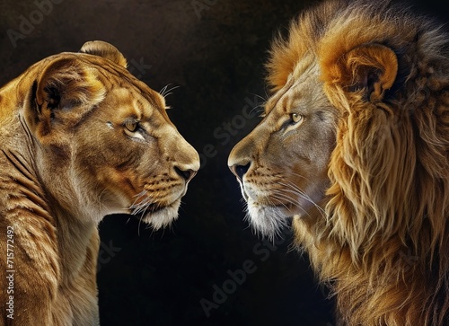 Majestic look  close-up of a lion and lioness in deep connection  illuminated against a dark background