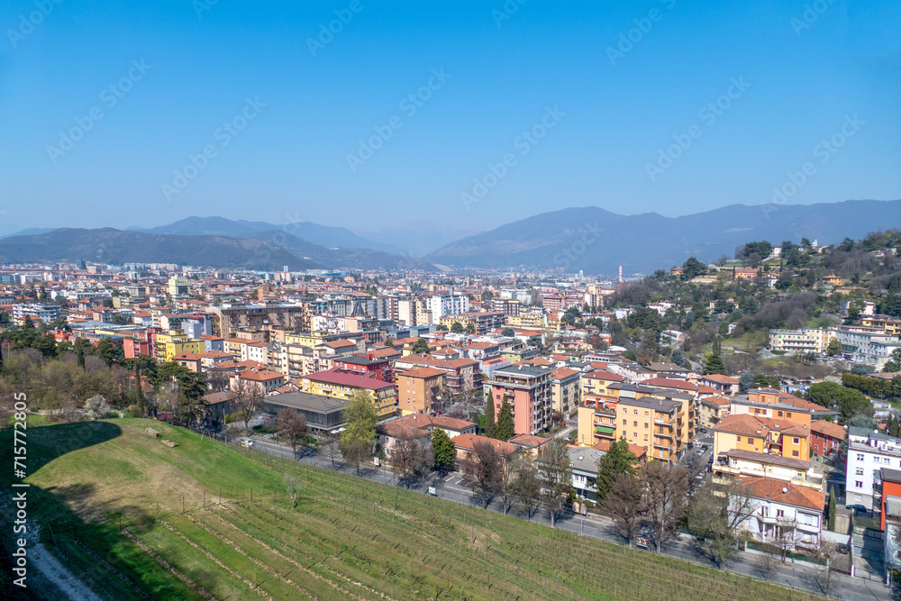 view to skyline of Brescia with vineyard in foreground, Italy