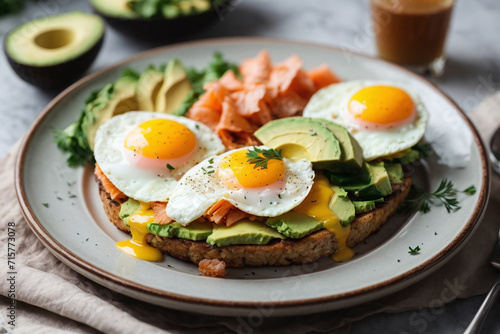 grilled salmon with avocado, eggs