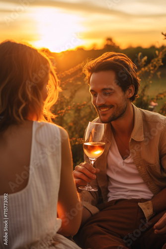 Couple drinking wine at an outdoor party at sunset. Golden hour