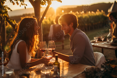 Couple drinking wine at an outdoor party at sunset. Golden hour