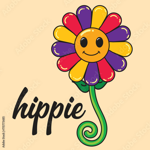 Adesivos hippie legais dos anos 70. Flor engraçada dos desenhos animados, paz, amor, coração, margarida, estilo de desenho animado psicodélico retrô moderno. Poder da flor. Boas vibrações. estampa 