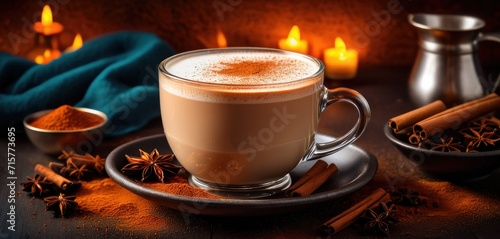  a cup of hot chocolate on a saucer surrounded by cinnamon sticks and star anise on a wooden table with a blue towel and lit candles in the background.