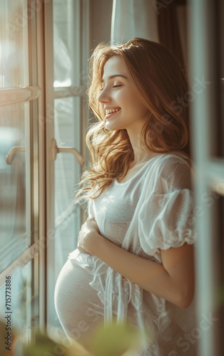 Beautiful pregnant brunette with long hair in a white dress standing in front of the window and looking through it.