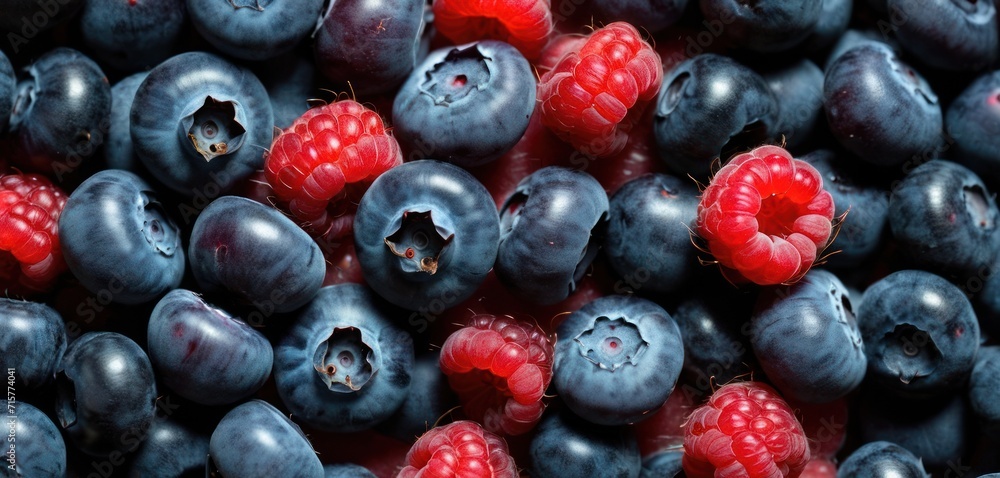 a pile of blueberries and raspberries with a bite taken out of one of the berries and one of the berries has a bite taken out of the other. a pile of blueberries and raspberries with a bite taken out of one of the berries and one of the berries has a bite taken out of the other.