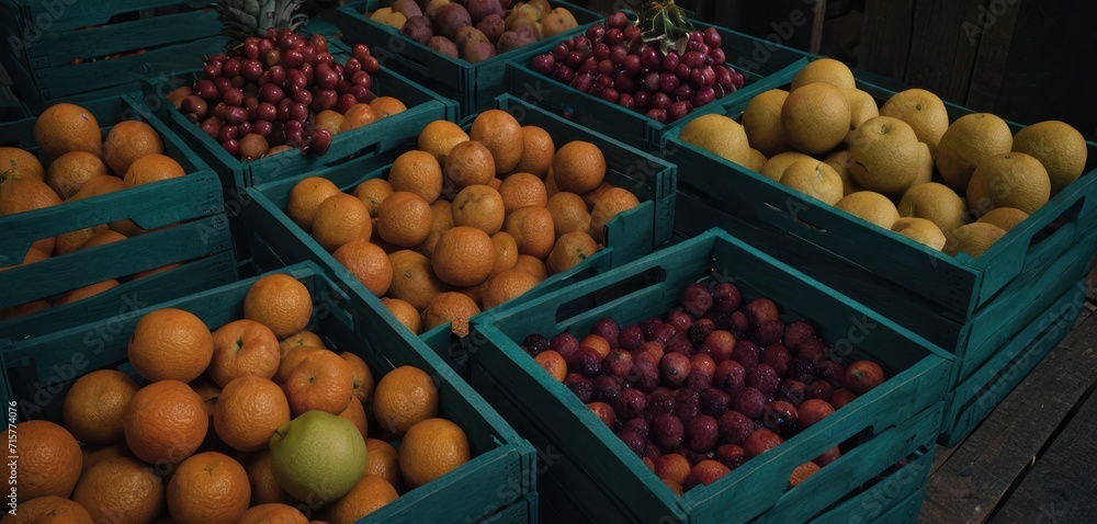 a pile of crates filled with oranges and apples next to other crates filled with oranges and pears on top of a wooden table next to each other crates. a pile of crates filled with oranges and apples next to other crates filled with oranges and pears on top of a wooden table next to each other crates.
