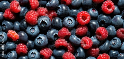  a pile of blueberries and raspberries with a bite taken out of one of the berries and one of the berries has a bite taken out of the other.