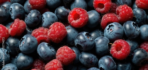  a pile of blueberries and raspberries with a bite taken out of one of the berries and the rest of the berries in the rest of the other.
