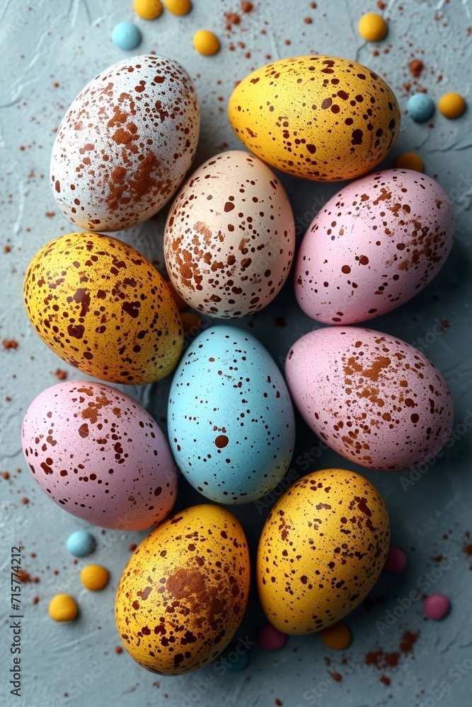 A closeup of vibrant and colorful Easter eggs on a light background, creating a festive atmosphere. A closeup of vibrant and colorful Easter eggs on a light background, creating a festive atmosphere.