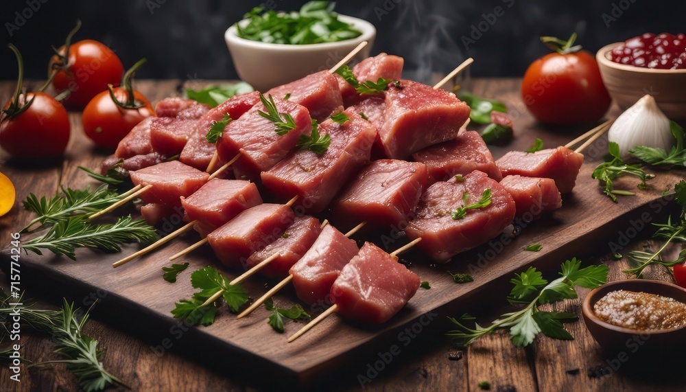Tasty raw Meat skewers preparation with fresh delicious seasoning on rustic background, top view