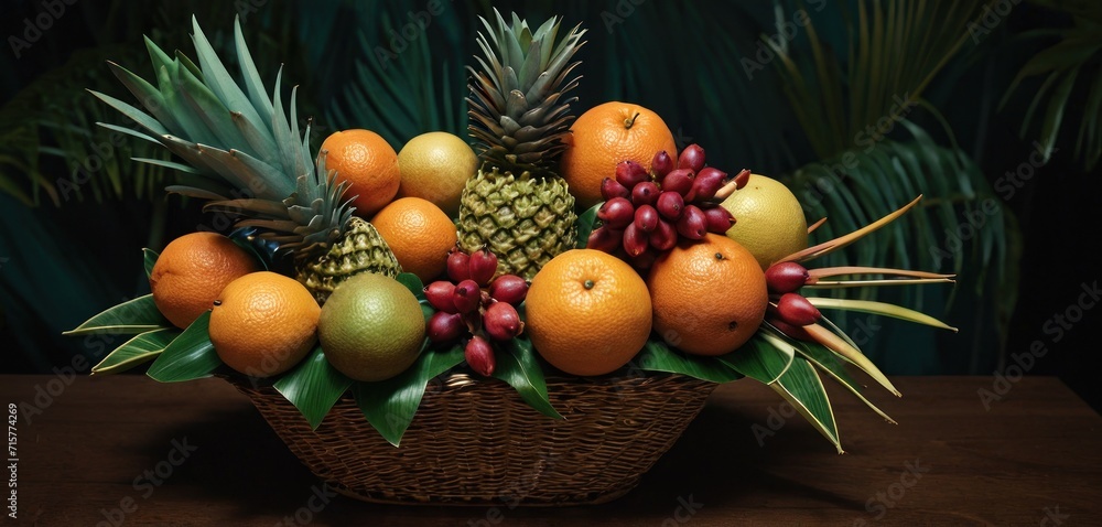  a basket of fruit with pineapples, oranges, grapes, and pineapples on a table in front of a green leafy background with palm leaves.
