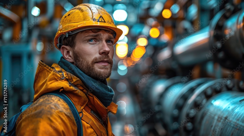 A Power Plant Worker Inspecting Equipment in a High-Risk Area with Visible Warning Signs A Power Plant Worker Inspecting Equipment in a High-Risk Area with Visible Warning Signs