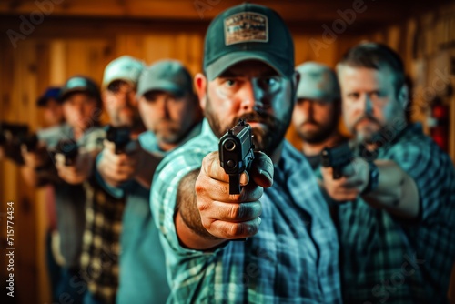 Group of serious men with caps aiming handguns together, showing strength and readiness indoors. photo