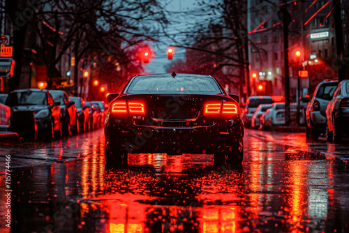 A car on a wet city street at night with red traffic lights and rain creating a shimmering reflection on the road.