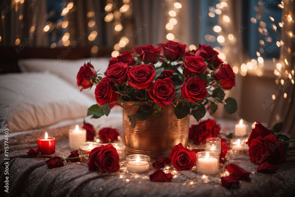 red rose and candle on the bed