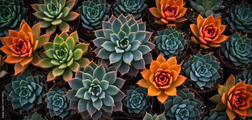 a group of succulents sitting next to each other on top of a bed of green and orange flowers on top of a brown plant potted plant. a group of succulents sitting next to each other on top of a bed of green and orange flowers on top of a brown plant potted plant.