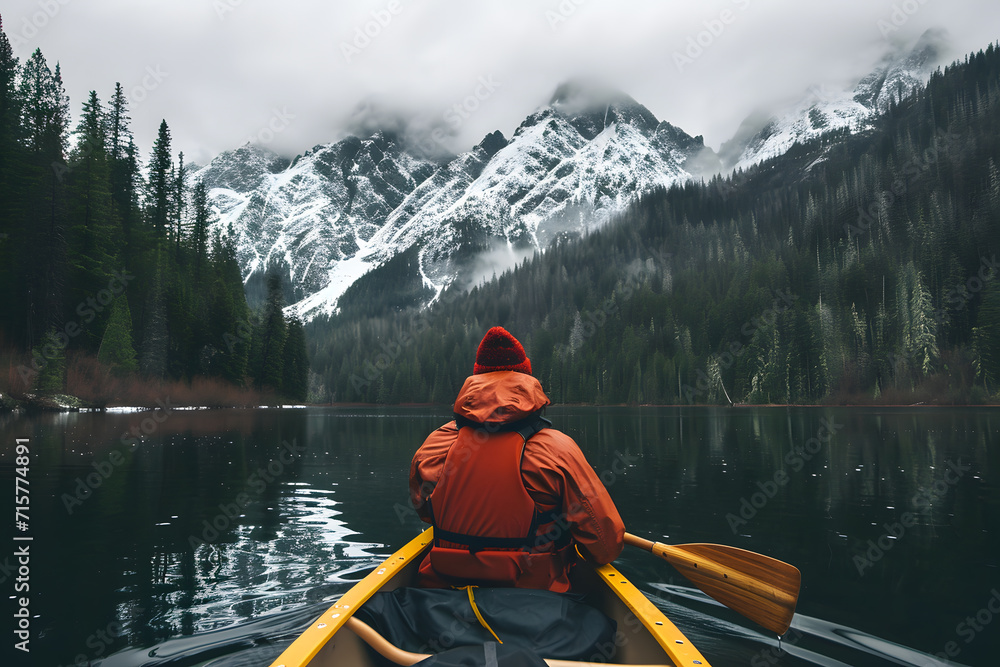 Nature's Harmony: Solo Canoeing Amidst Snowy Mountains and Evergreen Serenity