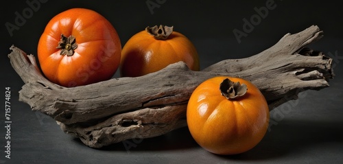  a group of three orange pumpkins sitting on top of a piece of drifty wood next to a piece of drifty wood and a piece of drifty wood. photo