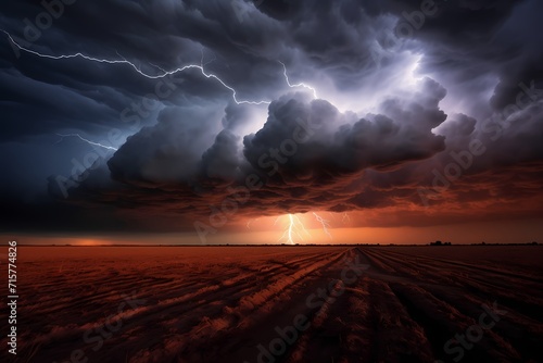 A dramatic lightning storm brewing over the vast Texas sky  with bolts of lightning illuminating the landscape.