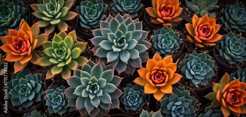  a group of succulents sitting next to each other on top of a bed of green and orange flowers on top of a brown plant potted plant.