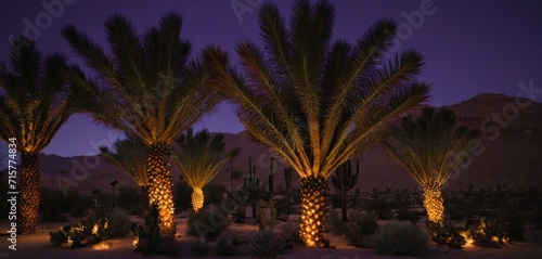  a couple of palm trees sitting next to each other on top of a lush green field next to a forest of cacti and a purple sky with a few lights. © Jevjenijs