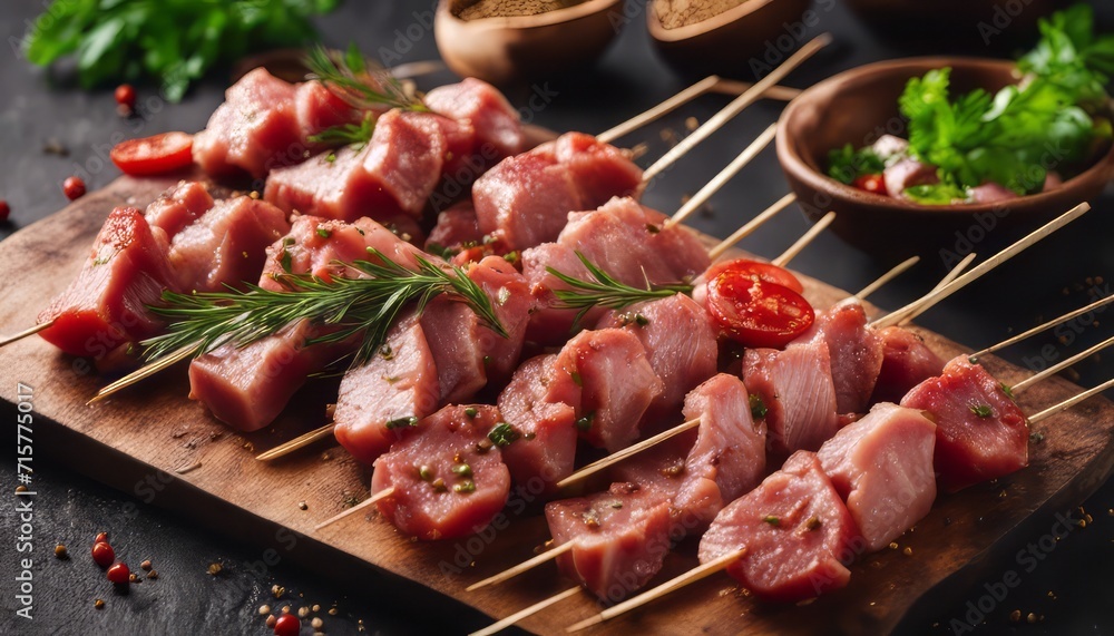 Tasty raw Meat skewers preparation with fresh delicious seasoning on rustic background, top view