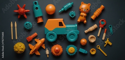  a collection of toys including a toy truck and a cat sitting on top of a pile of other toys on a black surface with a black surface with a black background.